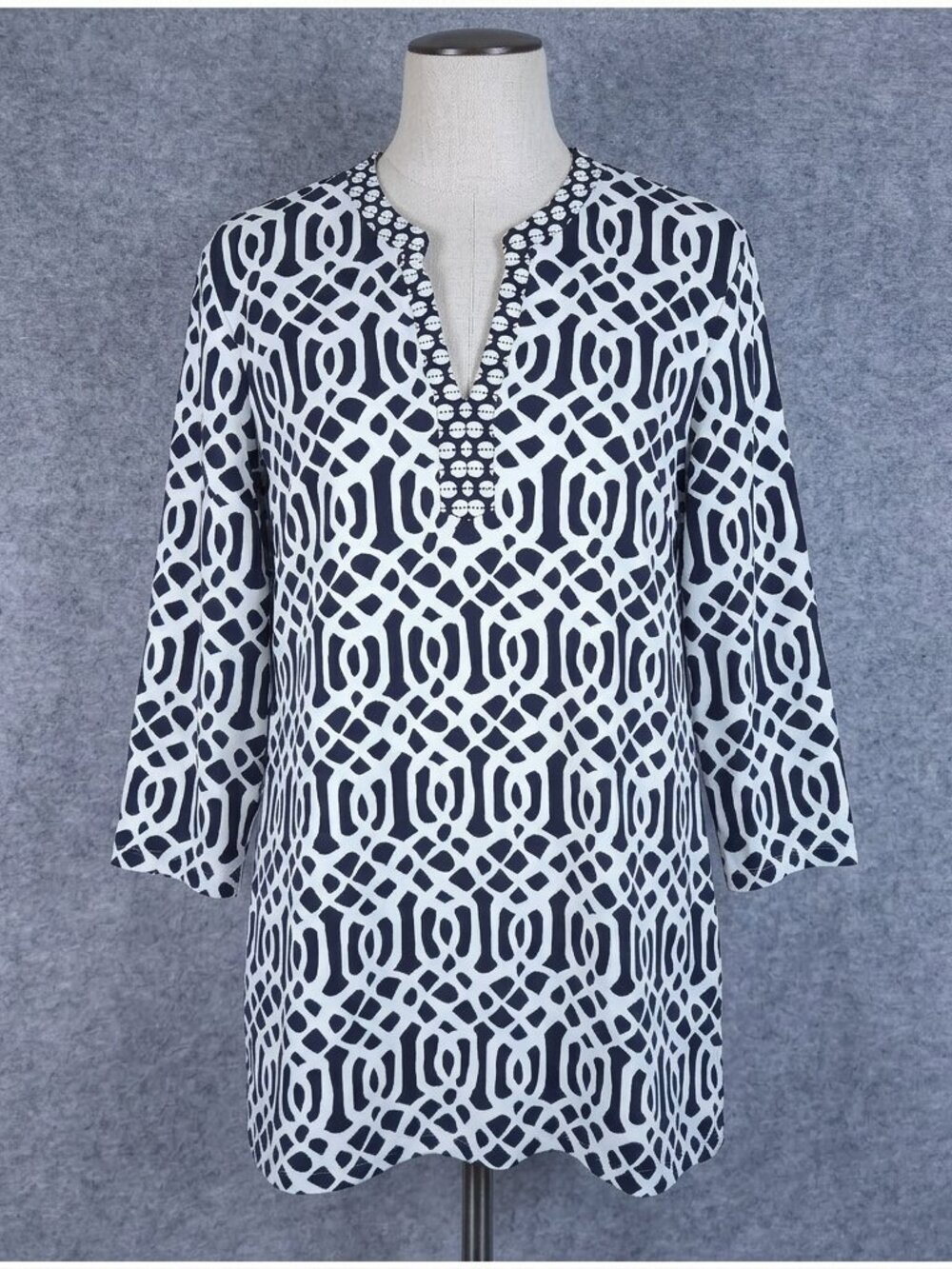 J McLaughlin Elsie Print Tunic XL Navy White Catalina Cloth Stretch Top 3/4 Slv